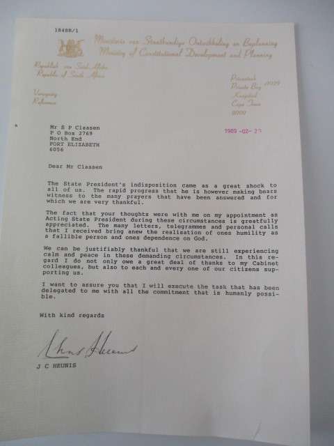 AUTOGRAPHED LETTER - JC HEUNIS - MINISTRY OF CONSTITUTIONAL DEVELOPMENT 1989