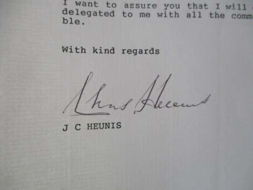 AUTOGRAPHED LETTER - JC HEUNIS - MINISTRY OF CONSTITUTIONAL DEVELOPMENT 1989