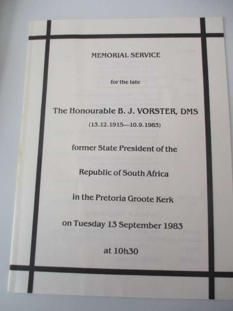 BURIAL PROGRAMME OF  PRESIDENT B.J . VORSTER   1983