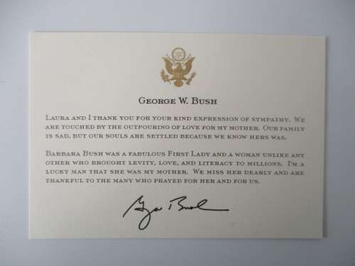 SYMPATHY CARD FOR DEATH OF FIRST LADY BARBARA BUSH