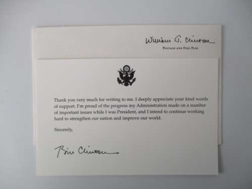 THANK YOU NOTE - PRESIDENT BILL CLINTON