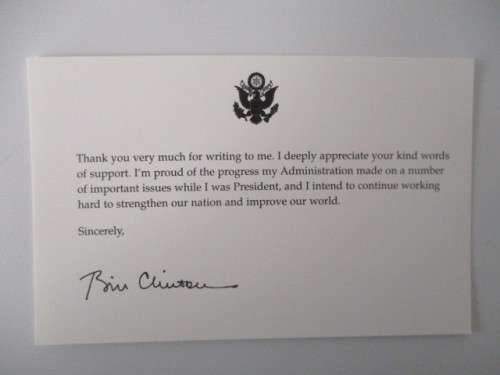 THANK YOU NOTE - PRESIDENT BILL CLINTON