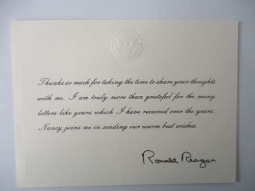 PRINTED AUTOGRAPH  - LETTER AND THANK YOU CARD PRESIDENT REAGAN A4 SIZE