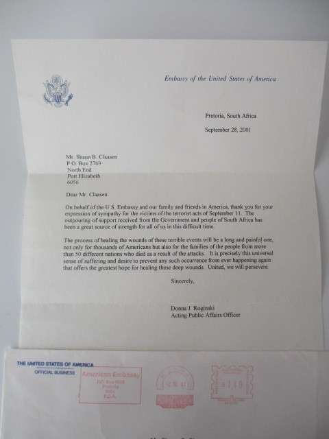LETTER FROM THE EMBASSY OF THE USA OF AMERICA ON THE 11 SEP. BOMBINGS!!! TWIN TOWERS