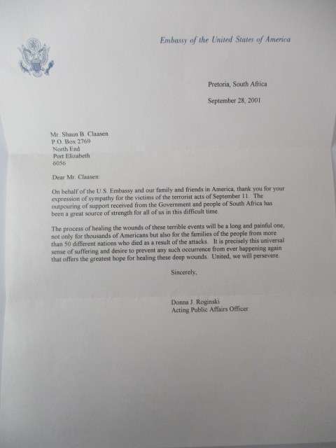 LETTER FROM THE EMBASSY OF THE USA OF AMERICA ON THE 11 SEP. BOMBINGS!!! TWIN TOWERS