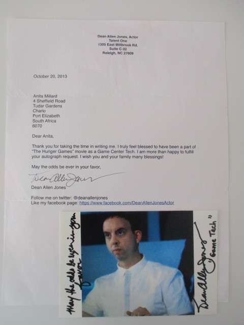 AUTOGRAPHED / SIGNED - DEAN ALLEN JONES AND LETTER HUNGER GAMES