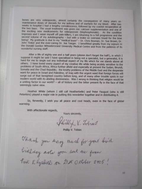 AUTOGRAPHED / SIGNED - PROFESSOR EMERTIUS PHILLIP VALLENTINE TOBIAS 1925-2012 SEE MORE