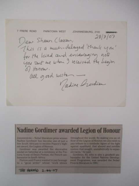 AUTOGRAPHED  CARD - NADINE GORDIMER - POLITICAL ACTIVIST AND NOBEL PRIZE WINNER!!!