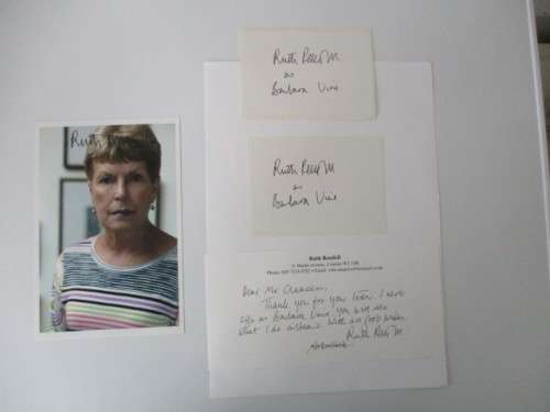 AUTOGRAPHED / SIGNED - RUTH RENDALL AS BARBRA VINE PHOTO LETTER AND BOOK PLATES