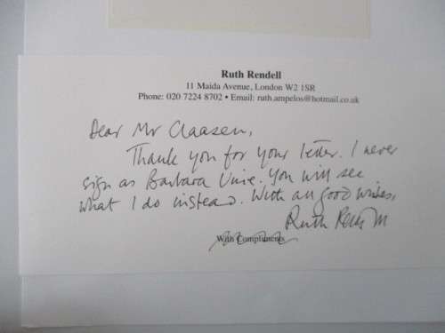 AUTOGRAPHED / SIGNED - RUTH RENDALL AS BARBRA VINE PHOTO LETTER AND BOOK PLATES