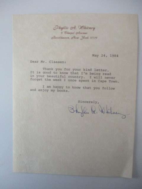 AUTOGRAPHED SIGNED - PHYLLIS A. WHITNEY  AUTHOR