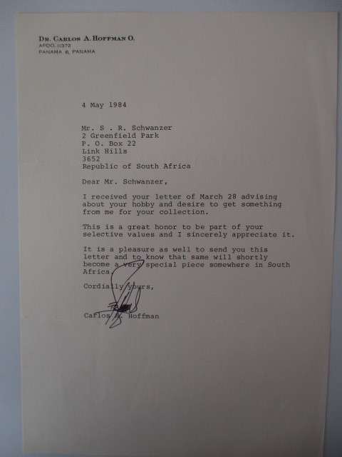 AUTOGRAPHED / SIGNED - DR. CARLOS A . HOFFMAN O. OF PANAMA SIGNED LETTER