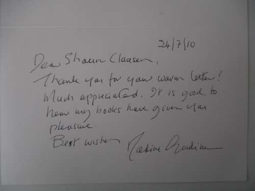 AUTOGRAPHED  CARD - NADINE GORDIMER - POLITICAL ACTIVIST AND NOBEL PRIZE WINNER!!!