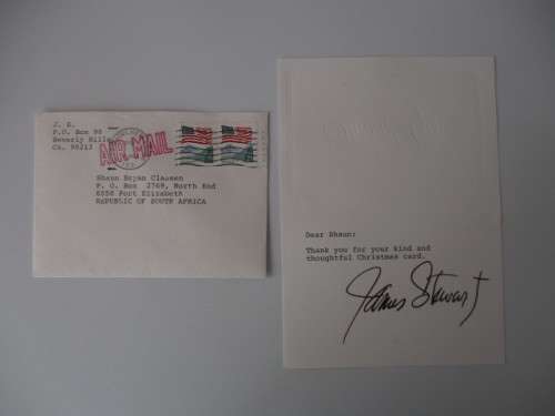 AUTOGRAPHED SIGNED POST CARD SIZE JAMES STEWART AND SEC.LETTER AND CIG. CARD