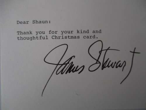 AUTOGRAPHED SIGNED POST CARD SIZE JAMES STEWART AND SEC.LETTER AND CIG. CARD