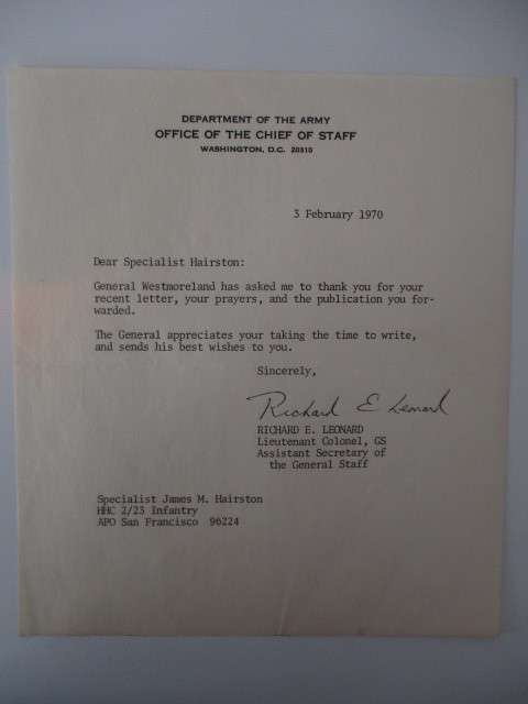 AUTOGRAPHED / SIGNED - ASSISTANT SECRETARY OF THE GENERAL STAFF 1970