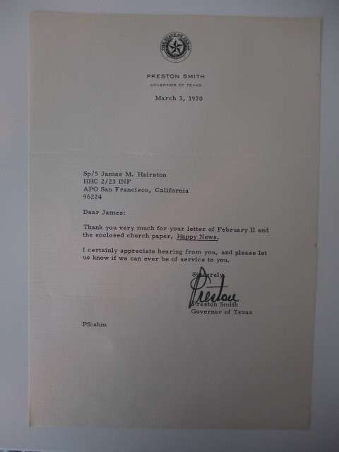 AUTOGRAPHED / SIGNED - PRESTON SMITH GOVERNOR OF TEXAS LETTER