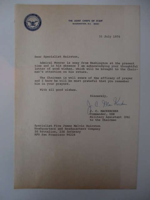 AUTOGRAPHED / SIGNED - J.C. MACKERCHER COMMANDER MILITARY ASSISTANT.  1970