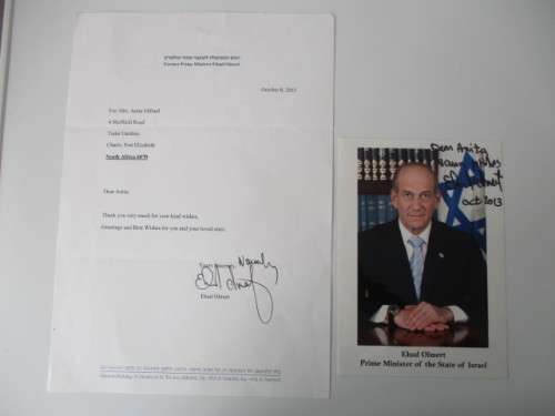 AUTOGRAPHED / SIGNED - EHUD OLMERT AND LETTER FORMER PRIME MINISTER OF ISRAEL