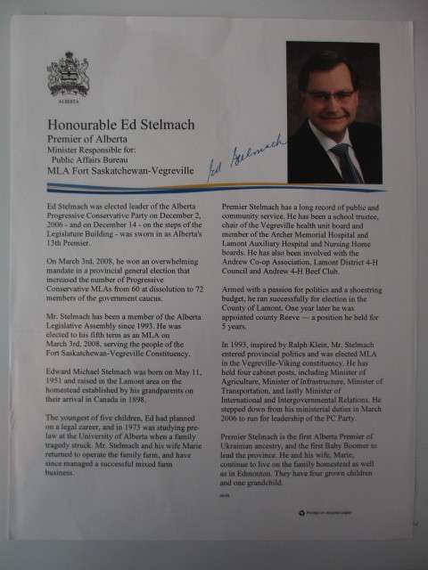 AUTOGRAPHED / SIGNED - ED STELMACH PREMIER OF ALBERTA