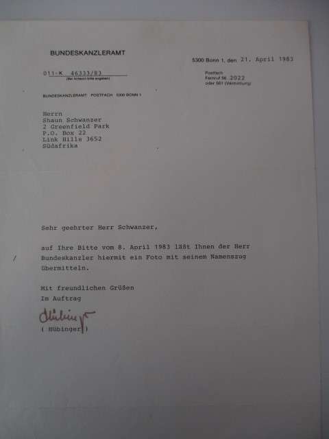 AUTOGRAPHED / SIGNED - HELMUT KOHL -  GERMAN CHANCELLOR