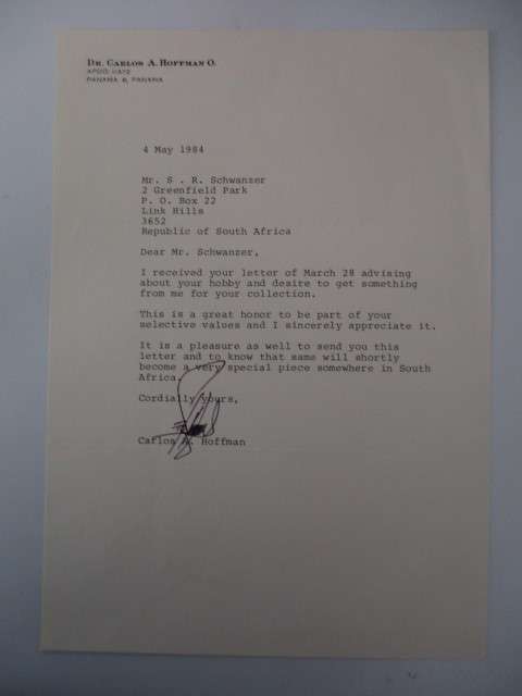 AUTOGRAPHED / SIGNED - DR.CARLOS A HOFFMAN PANAMA POLITICIAN  LETTER