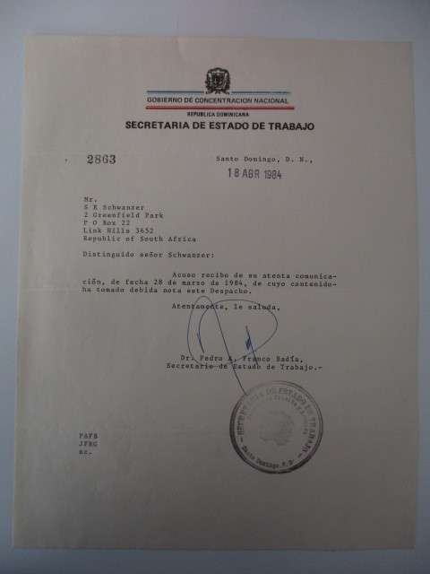 AUTOGRAPHED / SIGNED - DR PEDRO A FRANCO BADIA POLITICIAN OF SANTA  DOMINGO