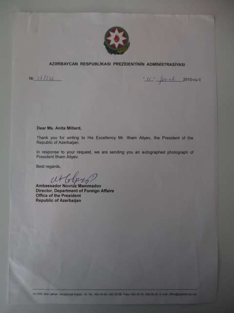 PRINTED AUTOGRAPH - PRESIDENT OF AZERBAIJAN IIIHAM ALIYEV AND LETTER