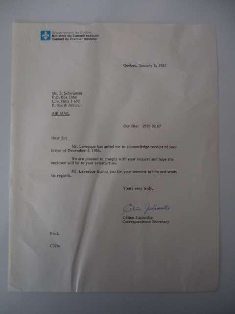 AUTOGRAPHED / SIGNED - PRIME MINISTER OF QUEBEC RENE LEVESQUE 1977