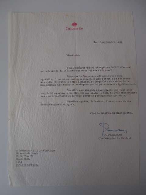 AUTOGRAPHED / SIGNED LETTER FROM THE KING SIGNED BY J. PEEMANS