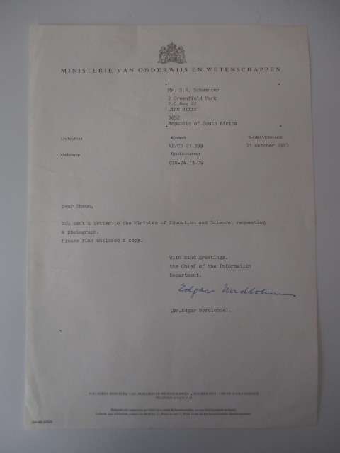 PRINTED AUTOGRAPH  - DUTCH MINISTER DR. W. J. DEETMAN AND LETTER