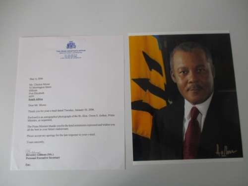 AUTOGRAPHED / SIGNED -  OWEN  S. ARTHUR PREVIOS PRIME MINISTER OF BARBADOS  A4 SIZE