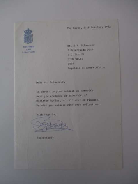 AUTOGRAPHED / SIGNED - ONNO RUDING 1985 DUTCH POLITICIAN