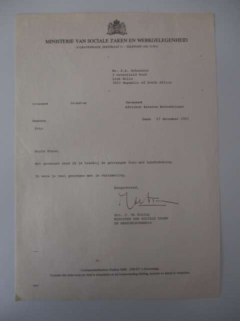 AUTOGRAPHED / SIGNED -  JAN DE KONING AND LETTER DUTCH  POLITICIAN