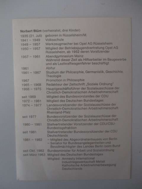 AUTOGRAPHED / SIGNED - DR. NORBERT BLUM GERMAN POLITICIAN