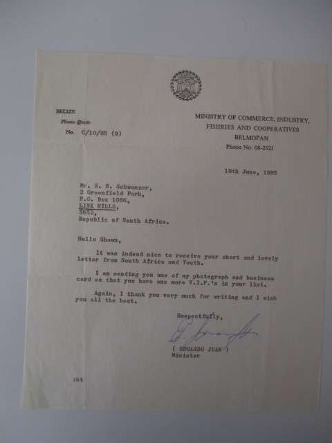 AUTOGRAPHED / SIGNED - EDUARDO JUAN POLITICAN OF BELIZE  1985 AND LETTER