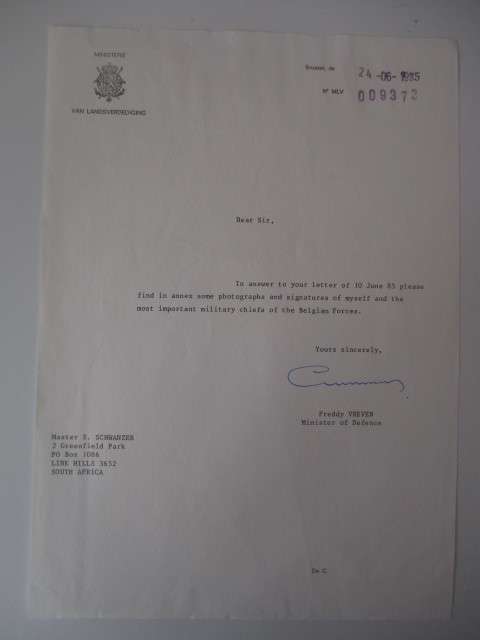 AUTOGRAPHED / SIGNED -  ALFRED VREVEN  MINISTER OF DEFENCE BELGIUM
