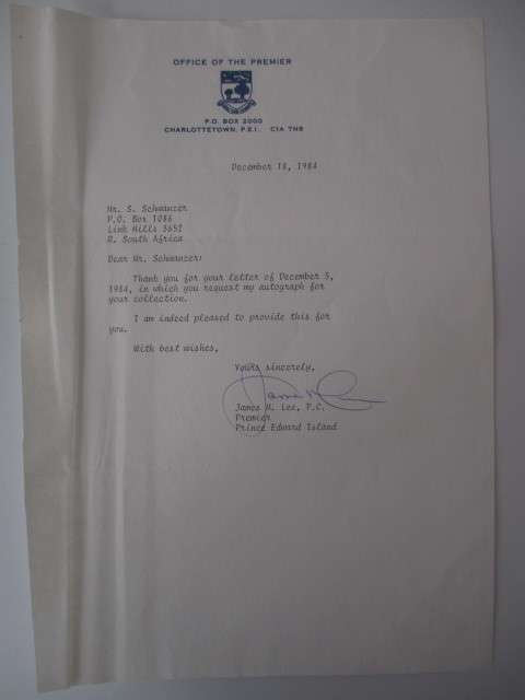 AUTOGRAPHED / SIGNED - LETTER JAMES M. LEE P.C. PRINCE EDWARD ISLAND PREMIER