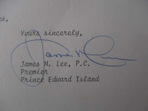 AUTOGRAPHED / SIGNED - LETTER JAMES M. LEE P.C. PRINCE EDWARD ISLAND PREMIER