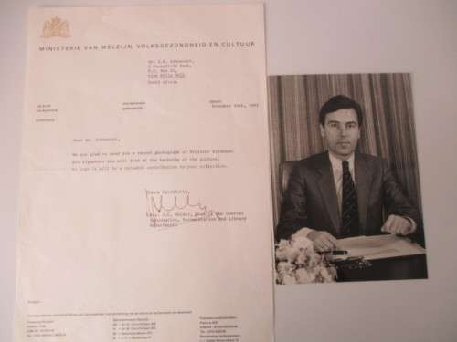 AUTOGRAPHED / SIGNED - ELCO BRINKMAN - DUTCH POLITICIAN AND LETTER