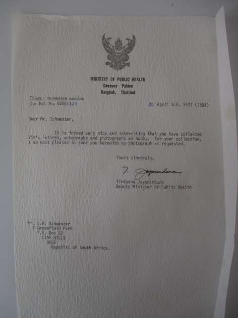 AUTOGRAPHED / SIGNED - TORDPONG JAYANANDANA - MINISTER OF HEALTH THAILAND 1984