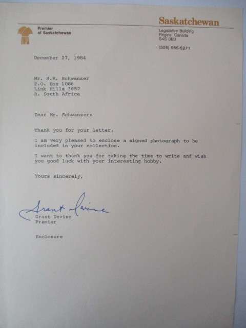 PRINTED AUTOGRAPH GRANT DEVINE - PREMIER OFSASKATCHEWAN  A4  SIZE