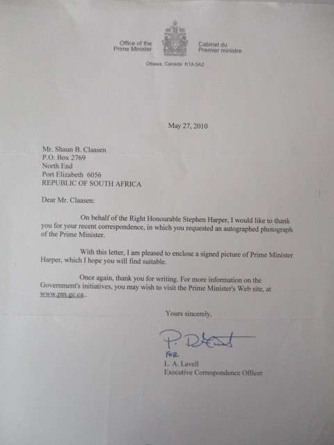 AUTOGRAPHED / SIGNED - STEPHEN HARPER FORMER PRIME MINISTER OF CANADA