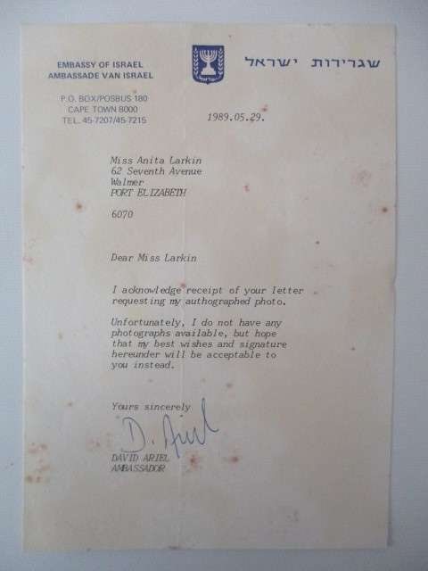 AUTOGRAPHED / SIGNED - DAVID ARIEL AMBASSADOR OF ISRAEL