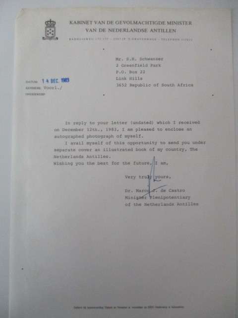 AUTOGRAPHED / SIGNED - DR. MARCO J. DE CASTRO AND LETTER