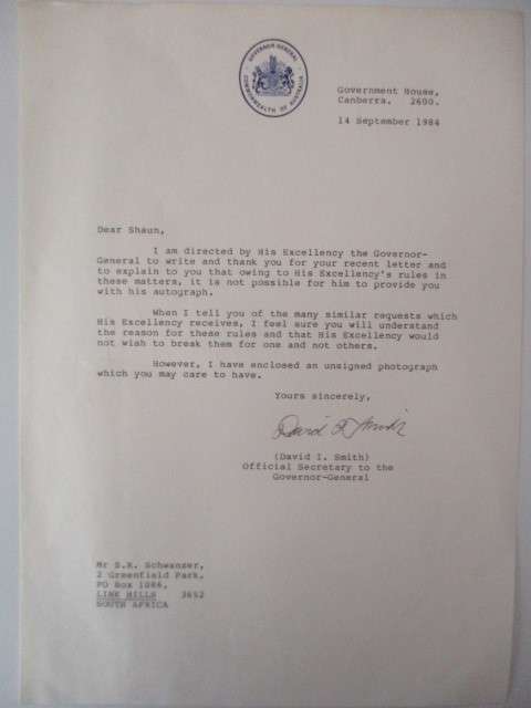 PHOTOGRAPH AND LETTER OF THE GOVERNOR GENERAL OF AUSTRALIA 1984