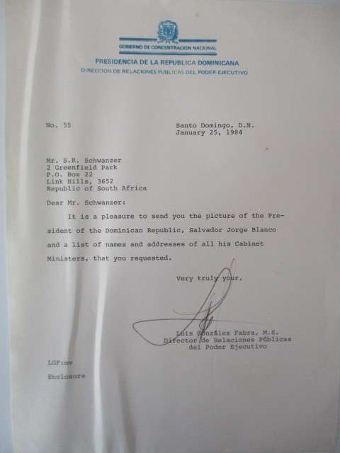PHOTOGRAPH AND LETTER - FORMER PRESIDENT OF DOMINICAN REPUBLIC