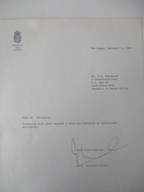 AUTOGRAPHED / SIGNED - FRITS KORTHALS ALTES DUTCH POLITICIAN  AND LETTER