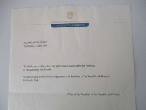 PRINTED  AUTOGRAPH  PRESIDENT  OF SLOVENIA  DR. DAMILO TURK AND LETTER