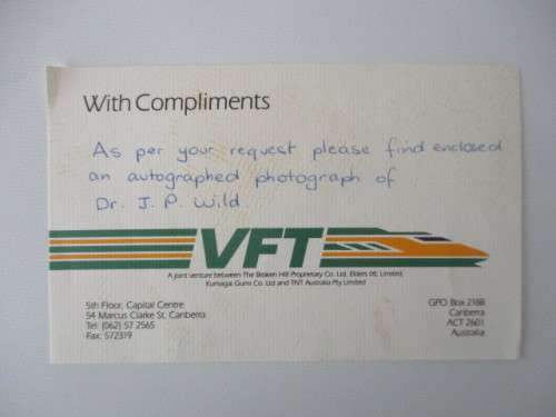 AUTOGRAPHED / SIGNED - DR. J.P. WILD  SCIENTIST AUSTRALIAN